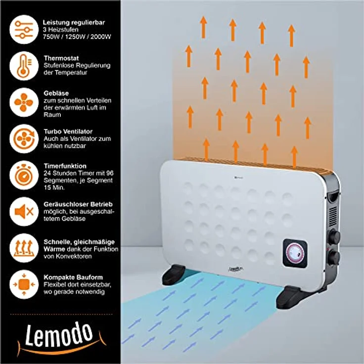 Nativ LEMODO mobile Elektroheizung - energiesparende Konvektor Heizung - Elektrische Heizung mit 3 Leistungsstufen - Heizgerät ohne Gas - robuster Elektroheizkörper (750W / 1.250W / 2.000W) – Bild 5