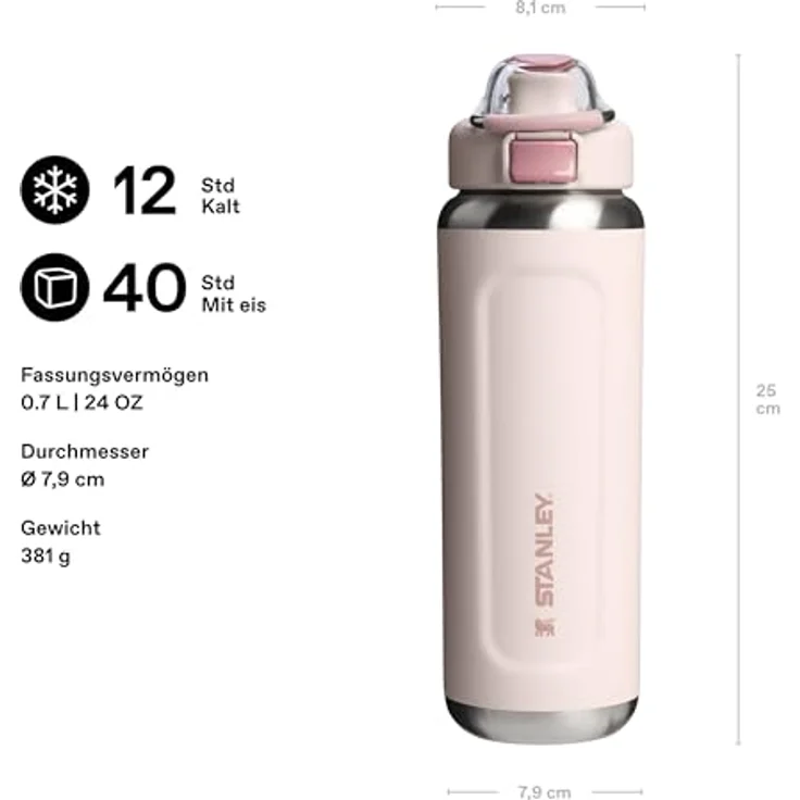 STANLEY 1913 Wellspring Bottle 0.7L, Edelstahlflasche mit auslaufsicherem Deckel, 12 Stunden Kühlung, 40 Stunden eisgekühlt, BPA-frei, spülmaschinenfest, Rose Quartz – Bild 2