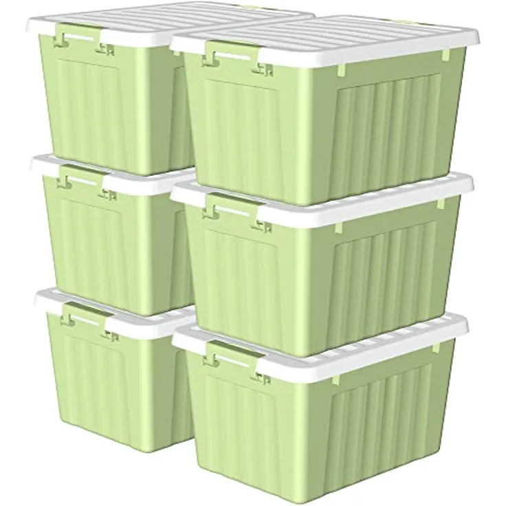 Cetomo 15 l x 6 Kunststoff-Aufbewahrungsbox, grün, Tragetasche, Organisationsbehälter mit robustem Deckel und sicheren Verriegelungsschnallen, stapelbar und stapelbar, 6 Stück, mit Schnalle