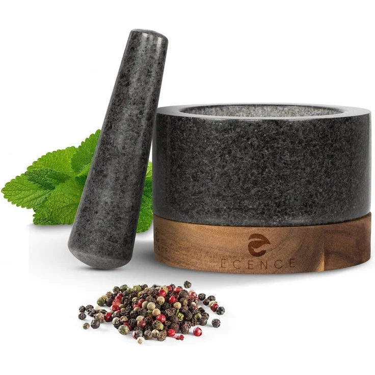 ECENCE Granitmörser mit Stößel aus Akazienholz Ø11cm, Küchenmörser für optimales Mahl-Ergebnis, naturbelassenes Design – Bild 1