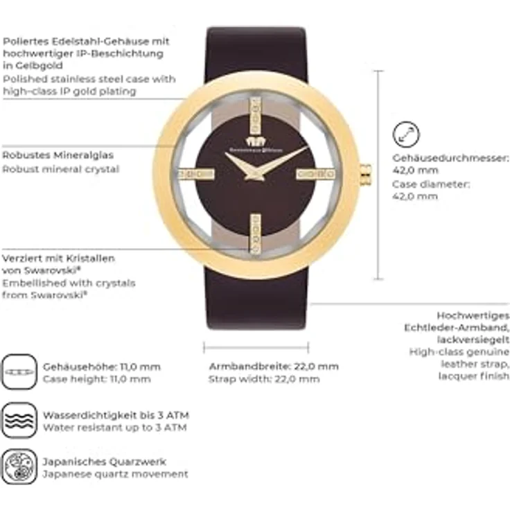 Rhodenwald & Söhne Lucrezia Damenuhr Edelstahl Gold 3 ATM mit Kristallen von Swarovski® Lederarmband Braun - Fashion-Uhr Frauen Skeletonoptik – Bild 2
