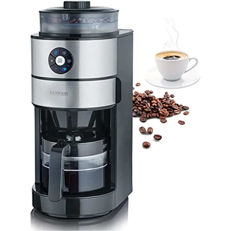 SEVERIN Kaffeeautomat mit integriertem Mahlwerk und Glaskanne, Für Kaffeebohnen und Filterkaffee, Automatische Abschaltung, bis zu 6 Tassen, KA 4811, Edelstahl-Schwarz – Bild 2