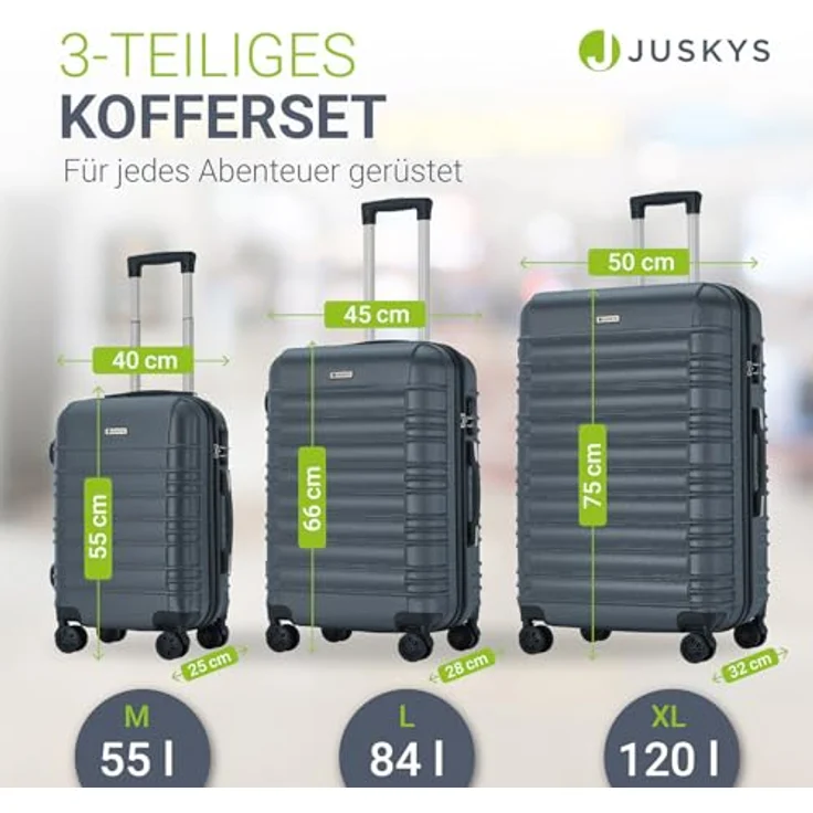 Juskys Hartschale Kofferset 3-teilig, Reisekoffer mit Zahlenschloss, geräuscharme 360° Rollen, Teleskopgriff, anthrazit, 55 l, 84 l, 120 l – Bild 4