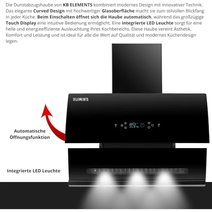 KB ELEMENTS Dunstabzugshaube 60cm, Umluft/Abluft mit 650m³/h Saugleistung, Touch-Gestensteuerung, Selbstreinigungsfunktion und großem Multifunktionsdisplay – Bild 3