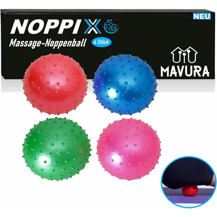 MAVURA Massageball NOPPIX Massageball Set Noppenball Igelball Stachelball Gymnastikball, Triggerball Noppenball Massage Ball Stachel Igel Ball [4 Stück], Bunte weiche Noppenmassagebälle mit praktischem Set – Bild 1
