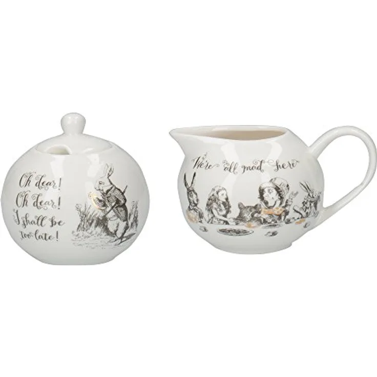 V&A Alice im Wunderland Zuckerdose und Milchkännchen aus feinem Porzellan, Porzellanschale und Milchkännchen in luxuriöser Geschenkbox