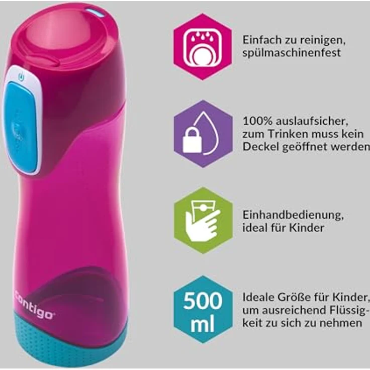 Contigo Trinkflasche Swish Autoseal große BPA-freie Kunststoff Wasserflasche, auslaufsicher, für Sport, Fahrrad, Joggen, Wandern, 500 ml, Magenta – Bild 2