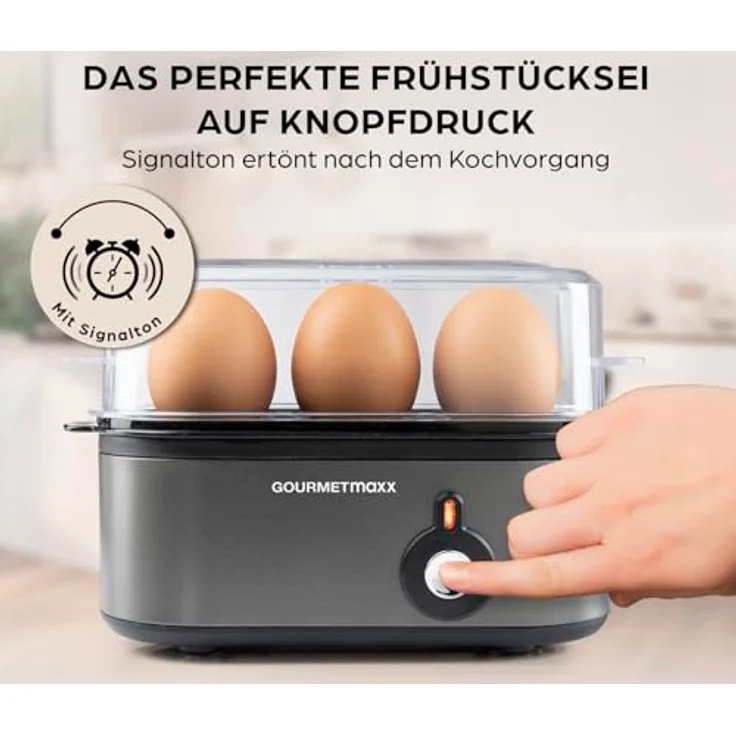 GOURMETmaxx Eierkocher für 3 Eier, kompakter Egg Boiler mit 3 Härtegraden, Eierstecher und spülmaschinenfesten Teilen, Anthrazit – Bild 2