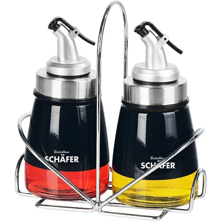 Schäfer Elektronik Menage-Set 3-Teilig, Edelstahl-Gewürzständer mit 2 Glasflaschen für Essig und Öl