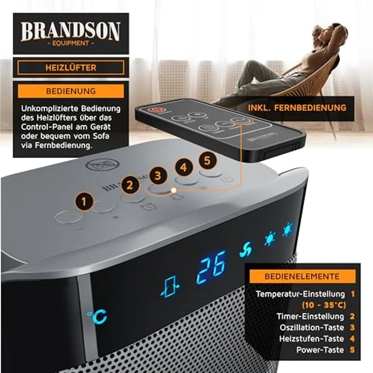 Brandson Keramik-Heizlüfter 2000 Watt mit IR-Fernbedienung, energiesparend, leise, Oszillationsfunktion, GS zertifiziert, 42x18x14 cm – Bild 4