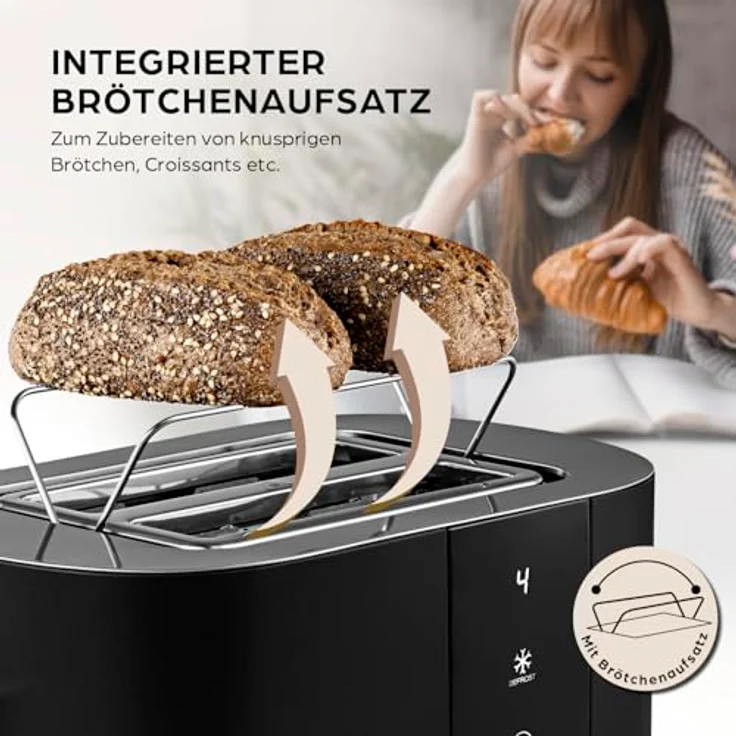 GOURMETmaxx Kurzschlitz-Toaster für 2 Scheiben, schwarzer Toaströster mit 6 Bräunungsgraden, Ready-2-eat-Countdown, Touchdisplay, Brötchenaufsatz & Aufwärmfunktion – Bild 3