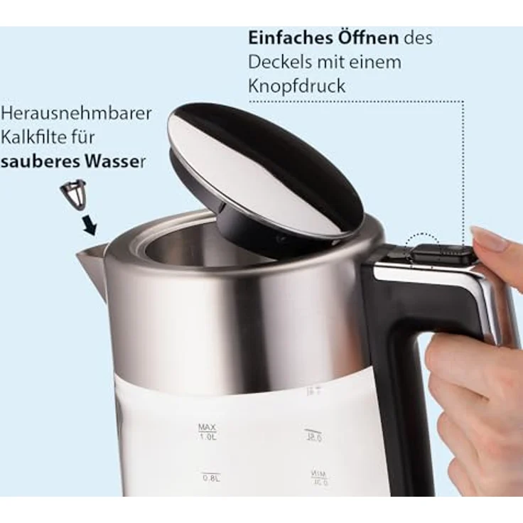 KHG Wasserkocher WK-106 GE, Glas, 1 Liter, 2200 Watt, abwaschbarer Kalkfilter, Wasserstandsanzeige, Trockengehschutz, BPA-frei – Bild 5