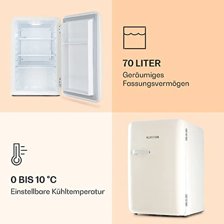 Klarstein Audrey Mini - kleiner Kühlschrank, freistehend, 70 Liter Fassungsvermögen, weiß, Kompressionskühlung, Temperatur: 0-10 °C – Bild 3