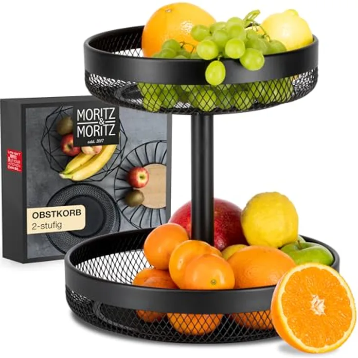 Moritz & Moritz Obst Etagere Schwarz Metall - 2 Stöckig, inkl. Zitrusschäler, multifunktional und modern in elegantem Design