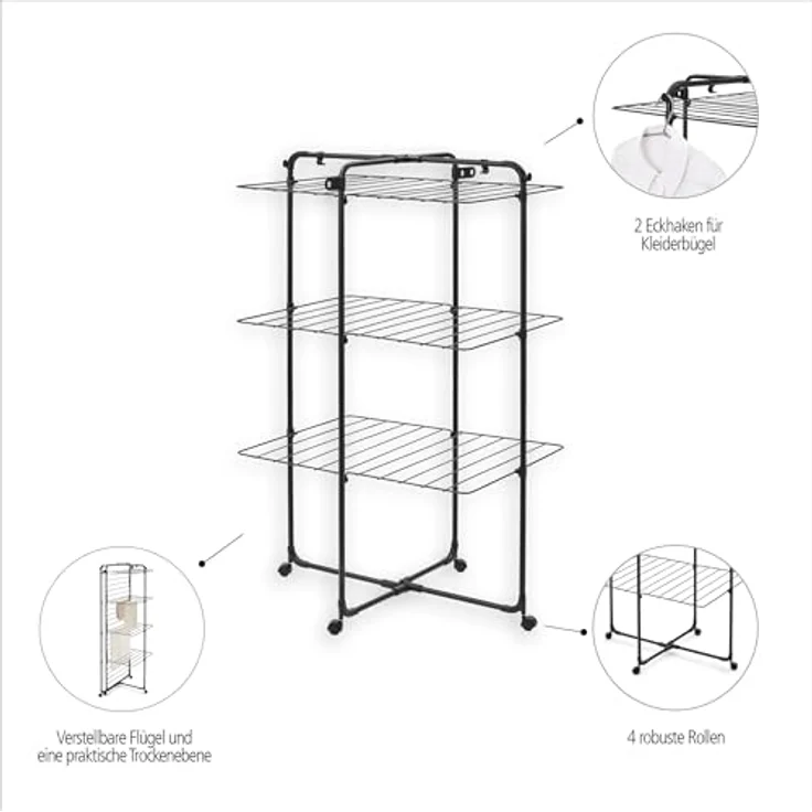 Brabantia HangOn Tower Drying Rack, 23 m (weiß), klappbarer und platzsparender Standtrockner mit Rollen und Aufhängehaken – Bild 4