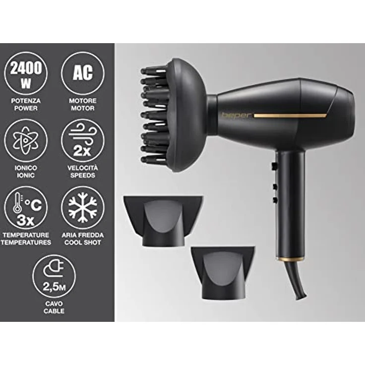 Beper Professioneller Haartrockner mit Wechselstrommotor, HaarFöhn, 2 Geschwindigkeiten und 3 Temperaturen, Warm und Kaltluftbetrieb, Leistung 2400 W Schwarz Gold – Bild 2