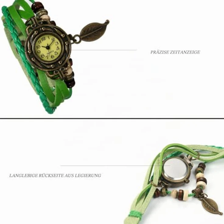 JewelryWe Damen Armbanduhr, Retro geflochtenes Lederarmband mit Baum Blatt Anhänger, Grün, Quarzwerk, 8.46" Gesamtlänge – Bild 3