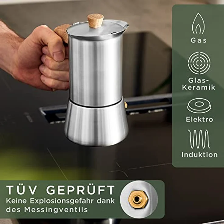 Waldwerk Espressokocher Edelstahl, 300 ml Kaffeekanne für Induktion und alle Herdarten, mit Eichenholzgriff und Messing-Sicherheitsventil – Bild 3