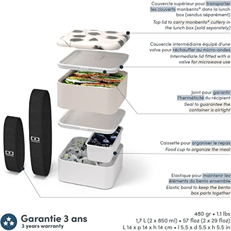 Monbento MB Square Graphic Plume Bento Box mit Feder Muster - Made in France - große Brotdose groß, Lunchbox – Bild 4