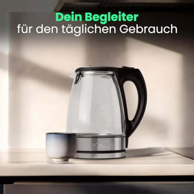 Bomann Glas-Wasserkocher WKS 6032 G CB, 1,7 Liter Füllmenge, Glas--Edelstahlgehäuse, kabellose Technik - leichtes Ein- und Ausgießen, verriegelter Sicherheitsklappdeckel, 360° drehbare Steckverbindung – Bild 5