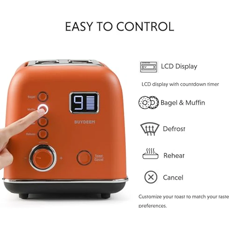 Buydeem Toaster DT730E, 2-Slice Automatic Metal Toaster mit motorisierter Auto-Lift-Funktion, LCD-Display, Koi Red – Bild 4