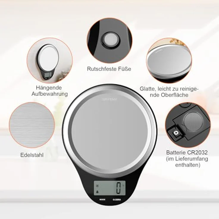 GRIFEMA Küchenwaage 2-5000g, LCD-Display, Tara-Funktion, 6 Einheiten, Auto-Off, Schwarz – Bild 5