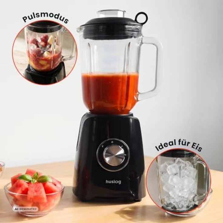 Huslog Standmixer Bechermixer 1200W, 1500 ml Behälter, Pulsfunktion, Edelstahl-Kreuzklingen, Schwarz – Bild 5