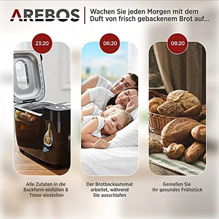 Arebos Brotbackautomat 1500g | mit 15 Programmen | 2 Knethaken | Timer | LCD Display | 3 Bräunungsgrade und Brotgrößen | 850 W | Schwarz – Bild 5
