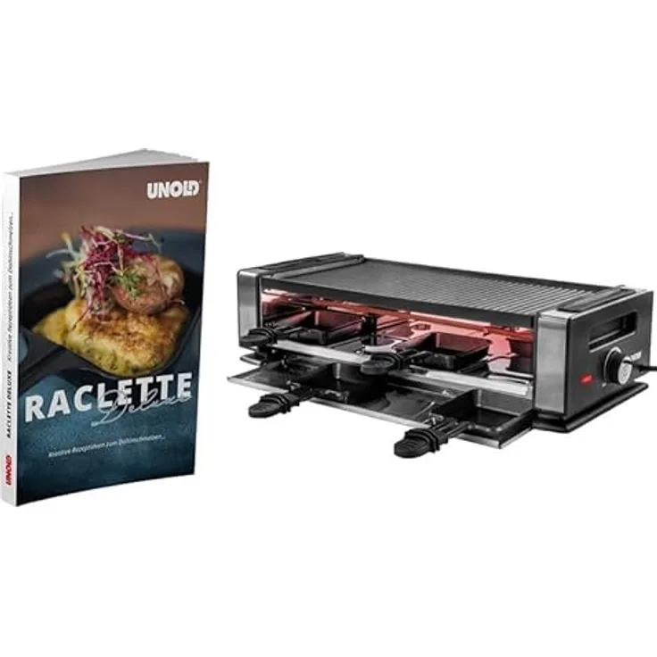 Unold 48930 Raclette Finesse Basic Raclette-Grill inkl. Raclette Rezeptbuch mit 50 Rezepten, für 8 Personen, wendbare Antihaft-Grillplatte, elektrischer Tischgrill, Edelstahl/Aluminium, 1200W
