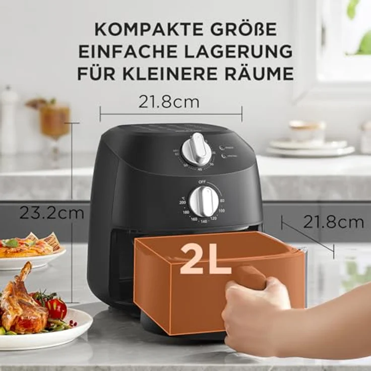 Midea Heißluftfritteuse 2L, 1150W, ölfrei mit automatischer Abschaltfunktion, kompakt, leicht zu reinigen, BPA-frei, Schwarz – Bild 2