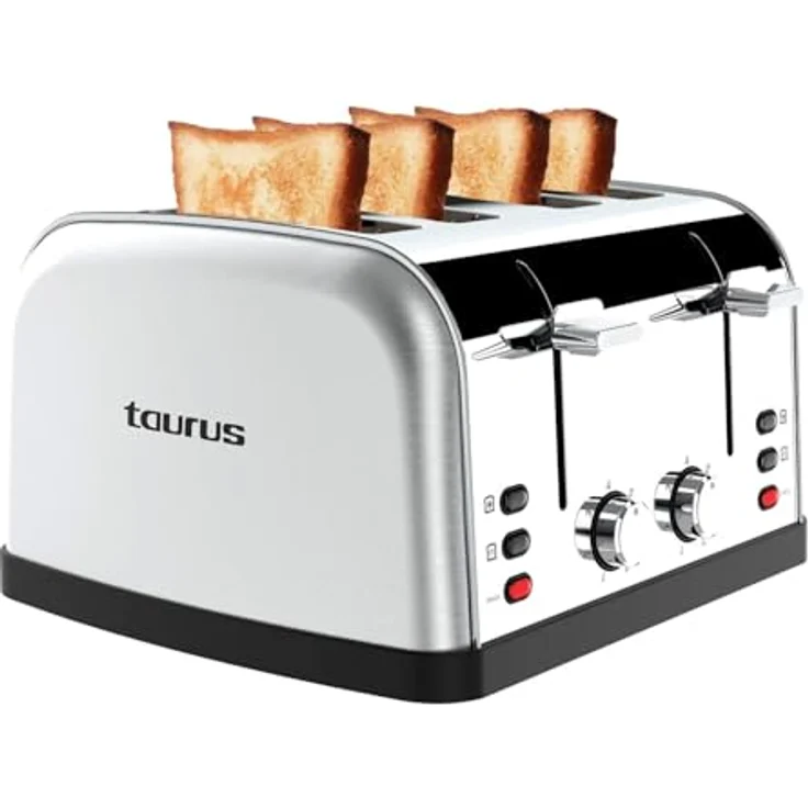 Taurus Toaster Vintage Four 1900 W, 4 Schlitze 135x35 mm, 7 Bräunungsstufen, 3 Funktionen, Edelstahlgehäuse, Grau – Bild 1