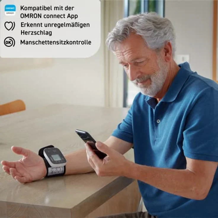 OMRON RS3 Intelli IT Handgelenk-Blutdruckmessgerät, klinisch validiert, mit kostenloser Smartphone App für iOS/Android, 13,5 – 21,5 cm Manschette, Manschettensitzkontrolle und 30 Speicherplätzen – Bild 2