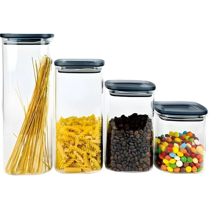 cheffinger 4-teiliges Glas Vorratsdosen-Set, luftdichte Aufbewahrung, 900ml - 2100ml, stapelbar und vielseitig