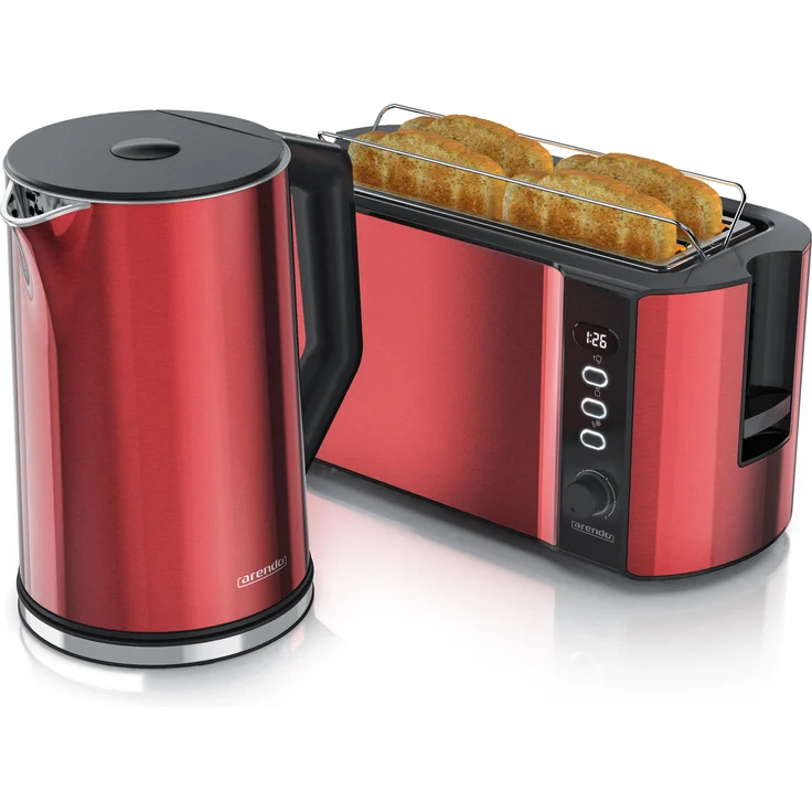 Arendo Frühstücks Set, Edelstahl Wasserkocher 1,5l Temperaturwahl & 4-Scheiben Langschlitz Toaster, Rot, Toaster, Rot