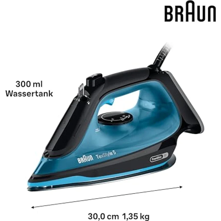 Braun Household TexStyle 5 SI5256 BL Dampfbügeleisen mit FreeGlide 3D Bügelsohle, Präzisionsspitze, Vertikaldampf, Anti-Tropf-System, 210 g/min Dampfstoß, 300ml Wassertank, 2600W, Schwarz/Blau – Bild 3