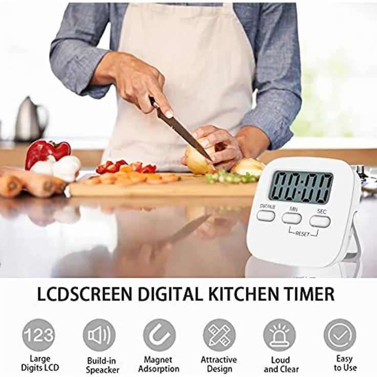 NIAGUOJI Küchentimer mit großem LCD-Display, digitaler Küchentimer zum Kochen, magnetische Stoppuhr, Timer mit lautem Wecker, Eieruhr, weiß – Bild 4