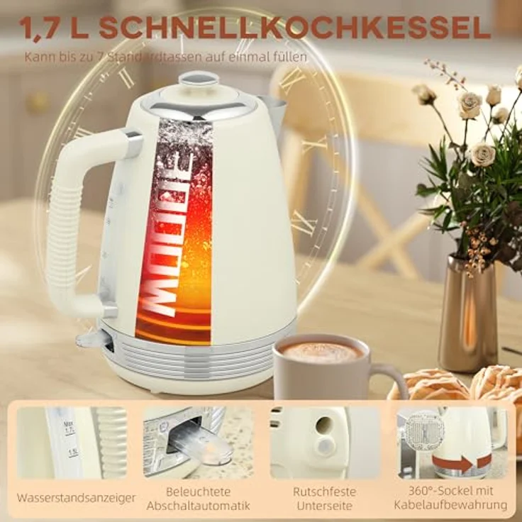 HOMCOM Kocher-Toaster-Set 1.7 L, 2200 W, 4-Scheiben-Toaster mit 7 Bräunungsstufen, Strix Thermostat, Cremeweiß – Bild 3