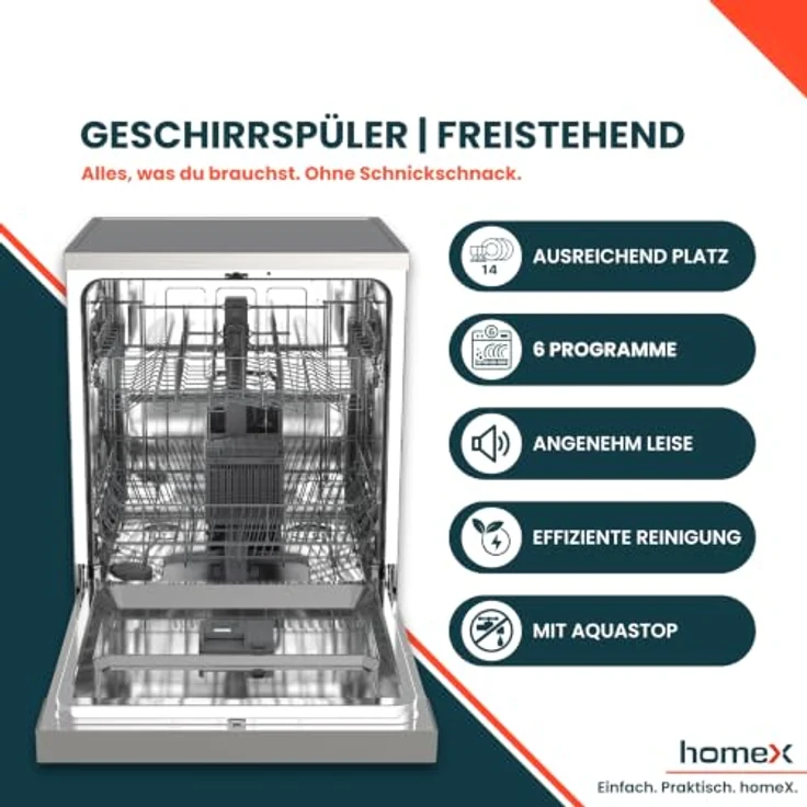 homeX DWFS601449E-S Geschirrspüler, freistehend, 60 cm, 14 Maßgedecke, 6 Programme, AquaStop, Unterbaufähig, 49 dB – Bild 2