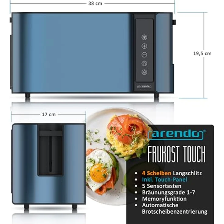 Arendo Edelstahl Toaster Langschlitz 4 Scheiben mit Touchscreen, 7 Bräunungsstufen, integrierter Brötchenaufsatz, Memoryfunktion, Admiralblau – Bild 2
