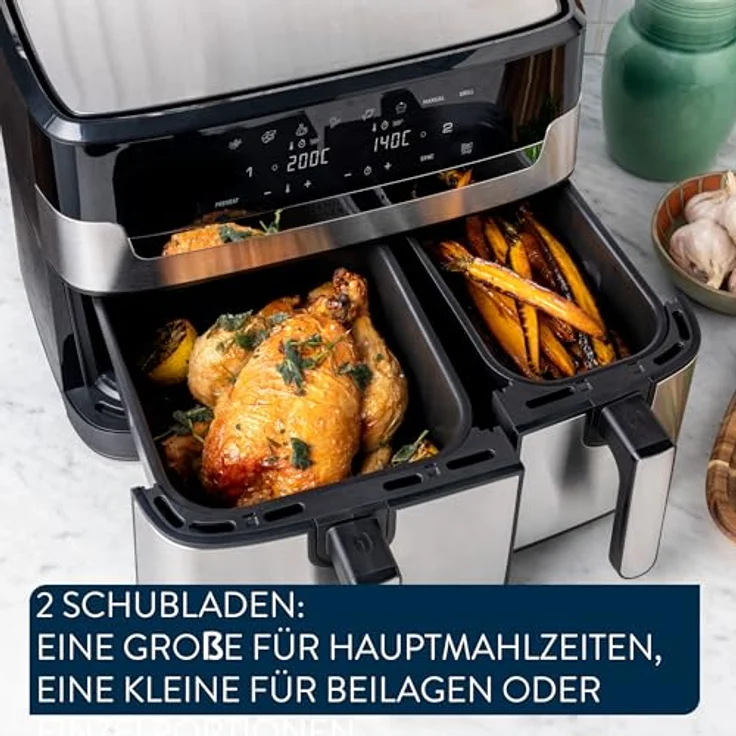 Jamie Oliver by Tefal Dual Drawer Heißluftfritteuse EY90JDE1, Doppelkammer mit 2 unabhängigen Garzonen, 8 automatische Programme, 8,3 L Gesamtfüllmenge, Schwarz/Edelstahl – Bild 3