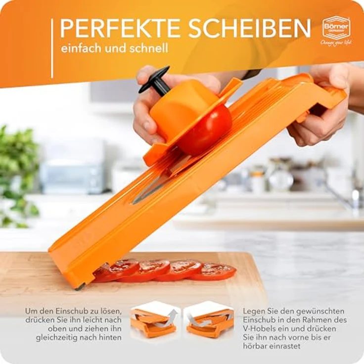 Börner Gemüsehobel V3 TrendLine, Kunststoff, mit Restehalter und Multibox orange – Bild 7