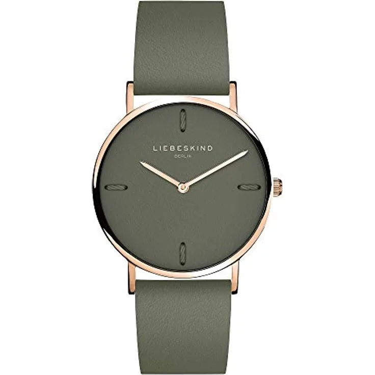 Liebeskind Berlin DamenArmbanduhr Analog Quarz Leder LT-0204-LQ, Roségold mit Olivgrünem Lederband, Extra-flaches Gehäuse, 5 Bar wasserdicht