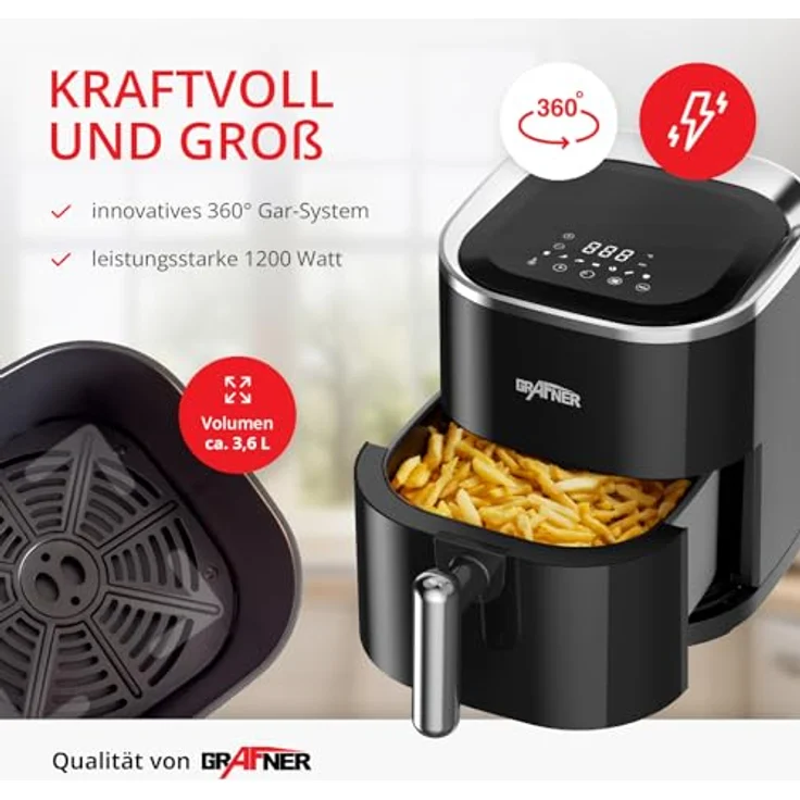 Grafner XL Digitale Heißluftfritteuse, 3,6 Liter, 1200 Watt, LED-Touchscreen, 7 Programme, 360° Gar-System, Timer, Antihaft-Beschichtung, Airfryer ölfrei Heissluftfritteuse - Schwarz – Bild 4
