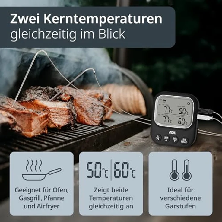 ADE Bratenthermometer, digitales Fleischthermometer mit 2 Messfühlern, bis 250 °C, inkl. Batterien und Schutzkappen – Bild 4
