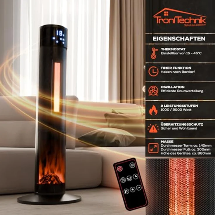 Tronitechnik Turm-Keramikheizer mit 2000 Watt, PTC Keramikheizelement TT-KH-073, Heizlüfter – Bild 3