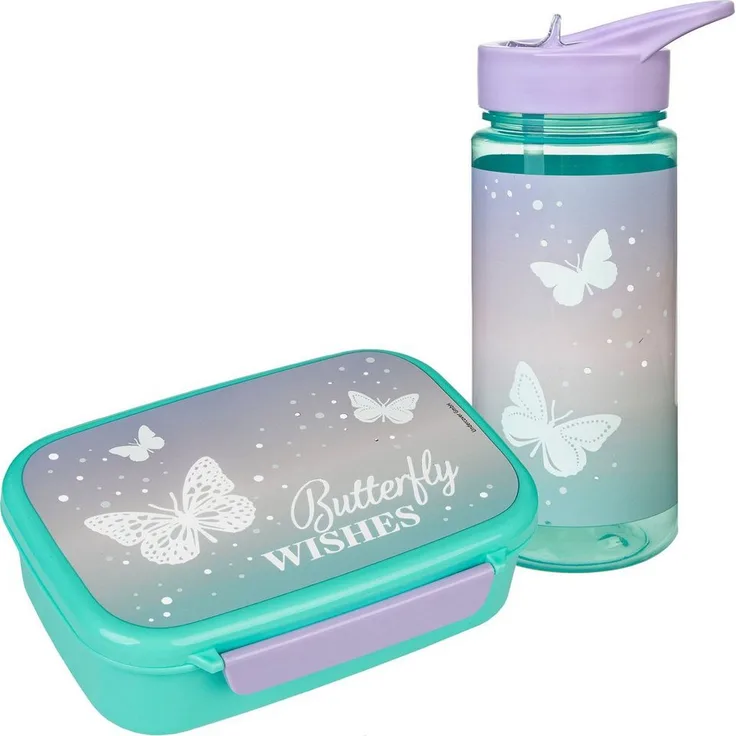 Scooli Lunchbox Brotzeitdose & Trinkflasche Set, Butterfly Wishes, Kunststoff, 2-tlg, mit herausnehmbarem Einsatz und Strohhalm, 500 ml