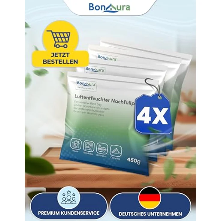 BonAura Luftentfeuchter-Nachfüllpack, Granulat im Vliesbeutel, 450g pro Stück, geruchsneutral, 2er-, 4er- oder 6er Set – Bild 7