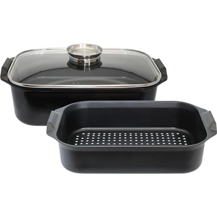 ELO Duo Vital Aluguss Bräter mit Dünsteinsatz, keramische Antihafteffekt-Beschichtung, Glasdeckel, Induktionsboden, für alle Herdarten geeignet, 40 x 26 cm