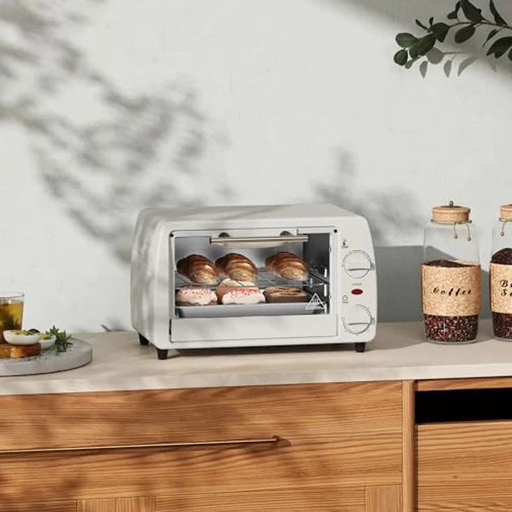 HOMCOM Mini Backofen 10 Liter 750W Kleiner Elektrobackofen mit Temperatur bis zu 230 ℃ Timer 60 Minuten Backblech und Rost 36,5x26x22 cm Cremeweiß – Bild 2