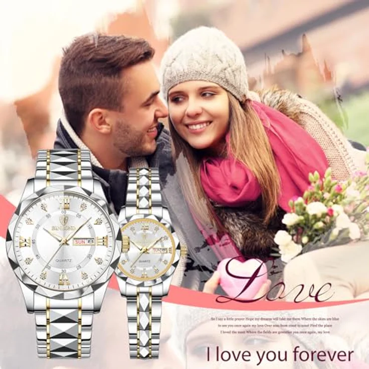 JewelryWe Paar Uhren Leuchtende Partneruhr, 2er Set 30m wasserdicht, Analog Quarz mit römischen Ziffern und Diamantskala, Edelstahl Armband in Gold/Silber – Bild 3